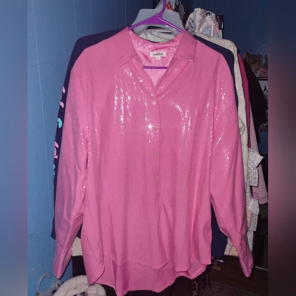 NWOT Pink Sequin Oversized Shacket - Picture 3 of 4